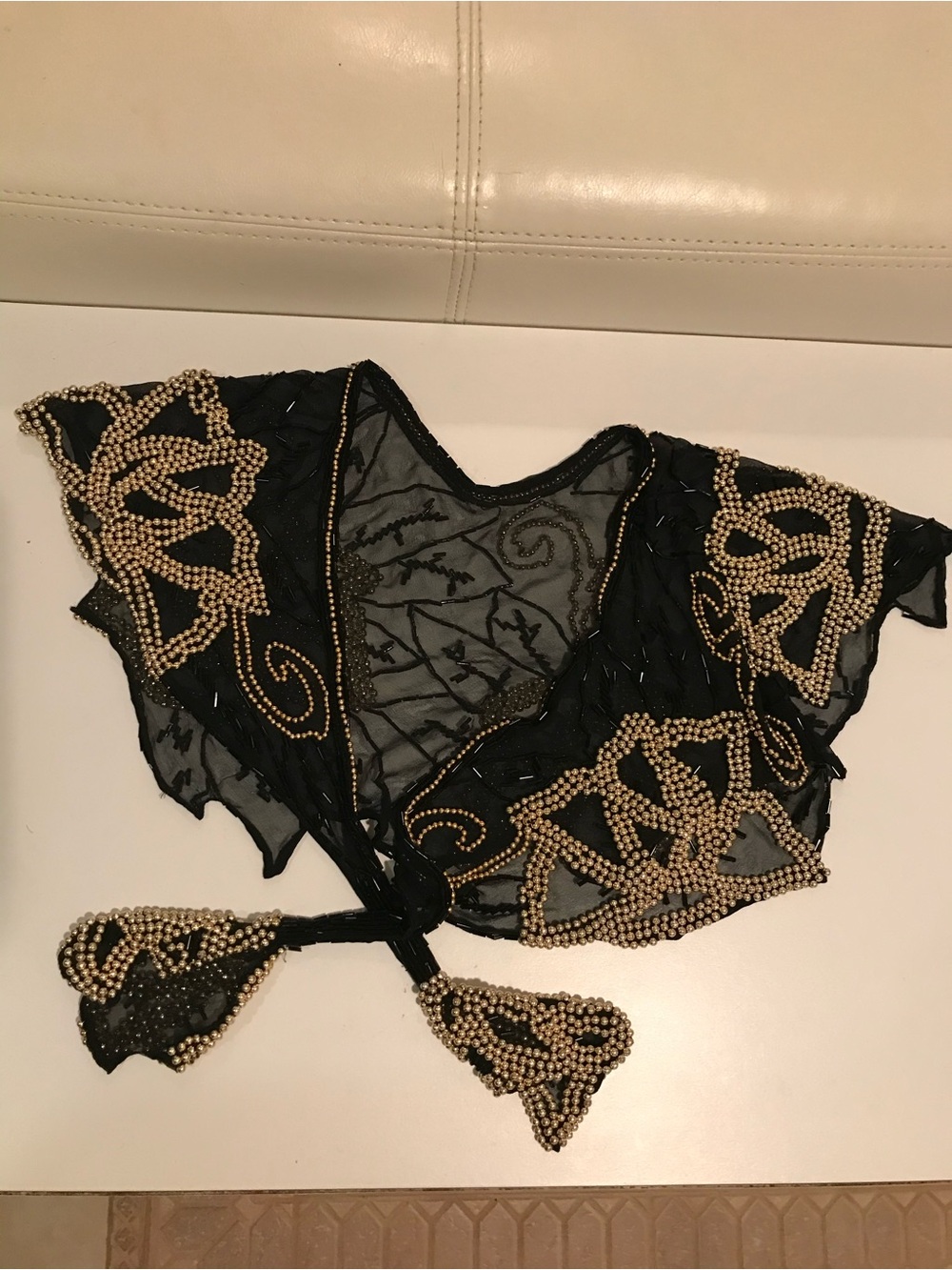 Embellished Black Sheer Beaded Tie-Front Shawl